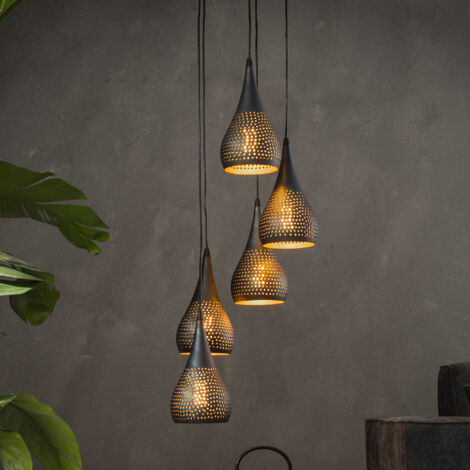 Suspension 5 lampes forme gouttes 15 cm en métal noir et bronze
