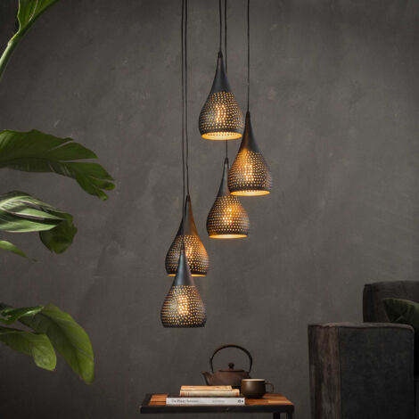 Suspension 5 lampes forme gouttes 15 cm en métal noir et bronze - AMP