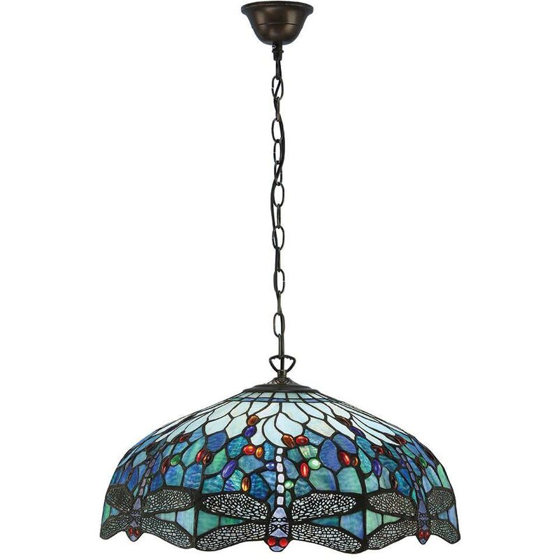 Interiors 1900 - Interiors Dragonfly Blue - Grand plafond suspendu à 3 ampoules, bronze, bleu, verre tiffany libellule, E27