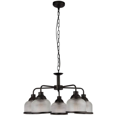 Suspension 5L HIGHWORTH Métal noir mat et verre style Holophane, E27 max 5x60w Diam 58cm