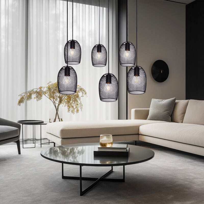 Suspension, 6 flammes, lampe de table à manger, suspension rétro, salon, industriel, métal noir, 6x douilles E27, DxH 75x150 cm