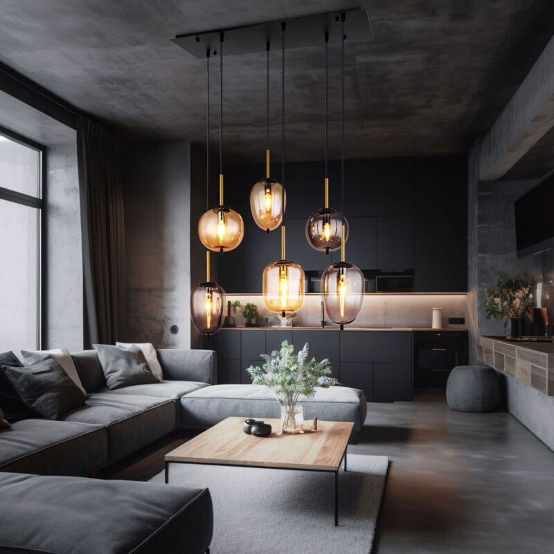 Lampe à suspendre 6 flammes salle à manger verre ambre lampe de salon fumée, laiton métal noir, 6x 6W 6x 380lm blanc chaud, LxlxH 80x34x120 cm