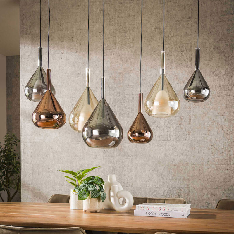 M&s - Suspension 7 lampes 120x150 cm en verre ambré, cuivré et chromé M&s - Suspension 7 lampes 120x150 cm en verre ambré, cuivré et chromé