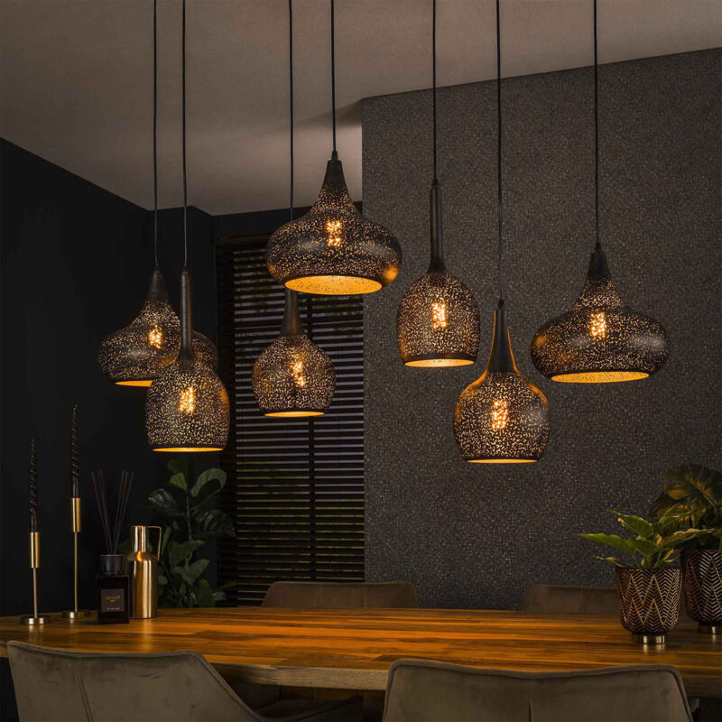 Suspension 7 lampes 135x50x150 cm en métal noir - AMP