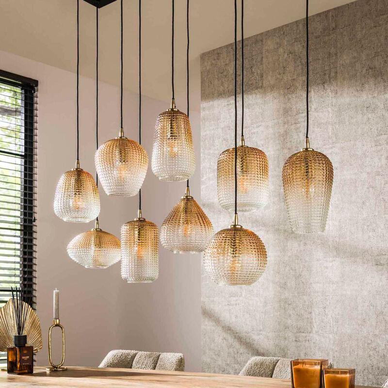 Suspension 9 lampes 120x40x150 cm en verre ambré et métal Suspension 9 lampes 120x40x150 cm en verre ambré et métal