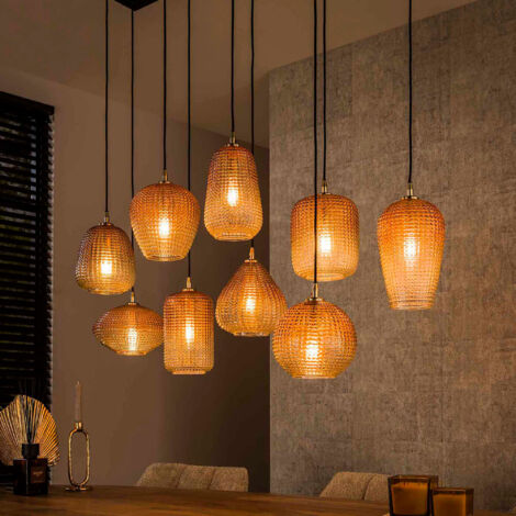 Suspension 9 lampes 120x40x150 cm en verre ambré et métal - AMP