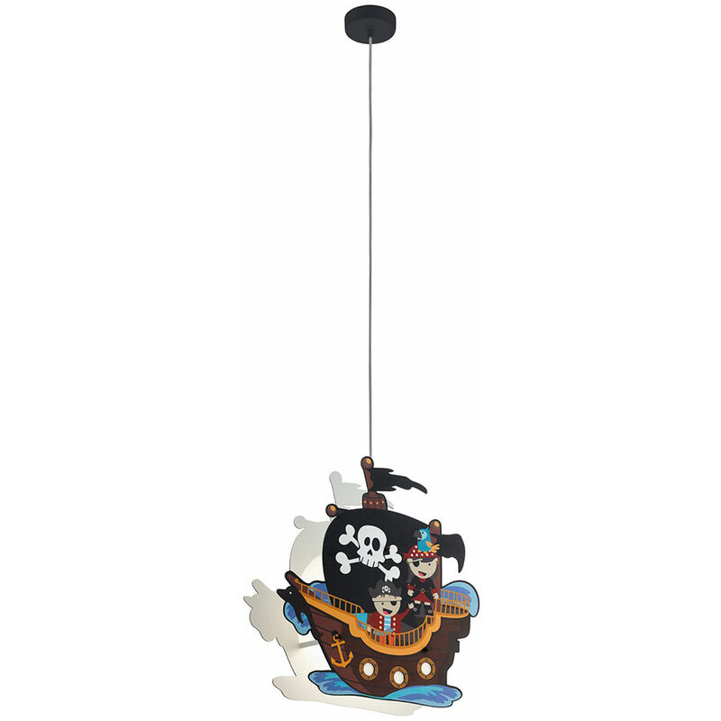 Lampe à suspension chambre d'enfant lampe en bois plafonnier multicolore lampe suspendue bateau pirate coloré, métal bois coloré, douille 1x E27,