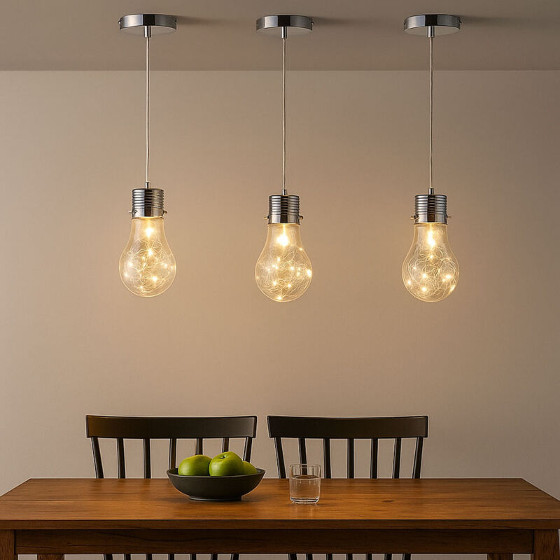 Suspension ampoule vintage lampe salon suspension ampoule décorative E14, treillis métallique, métal chromé, douille E14, DxH 12x150 cm, lot de 3