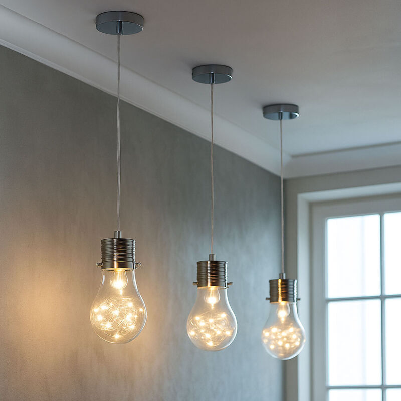 Suspension ampoule vintage lampe salon suspension ampoule décorative E14, treillis métallique, métal chromé, douille E14, DxH 12x150 cm, lot de 3