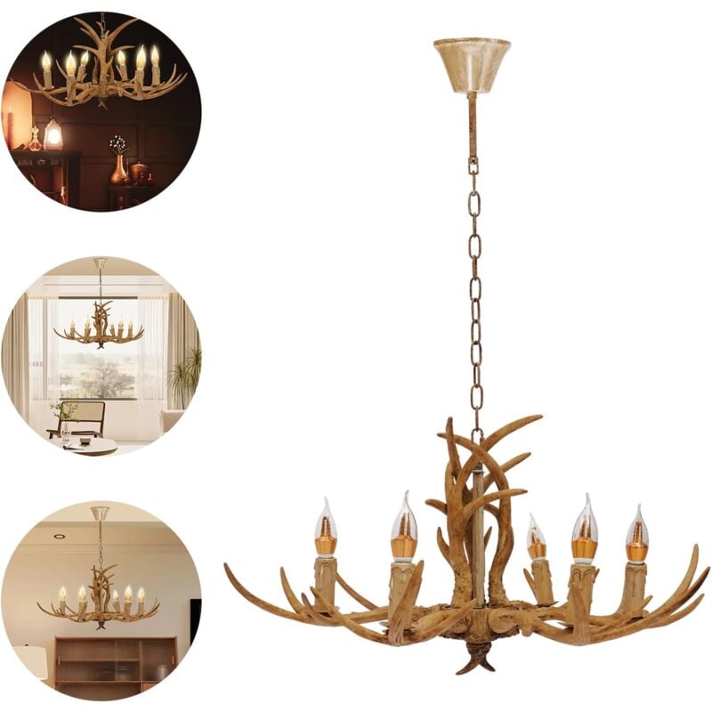 Suspension antique Lustre en forme Plafonnier de bois de cerf avec 6 ampoules E14 rétro pour bar, café, salon, salle à manger