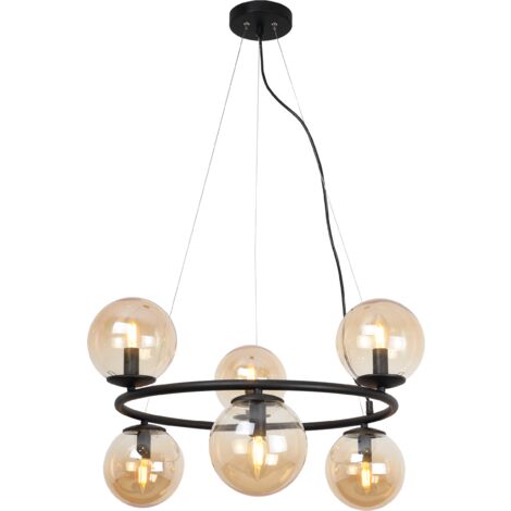 SUSPENSION AURA NOIRE 6 ABAT-JOUR PLATS MIEL E14