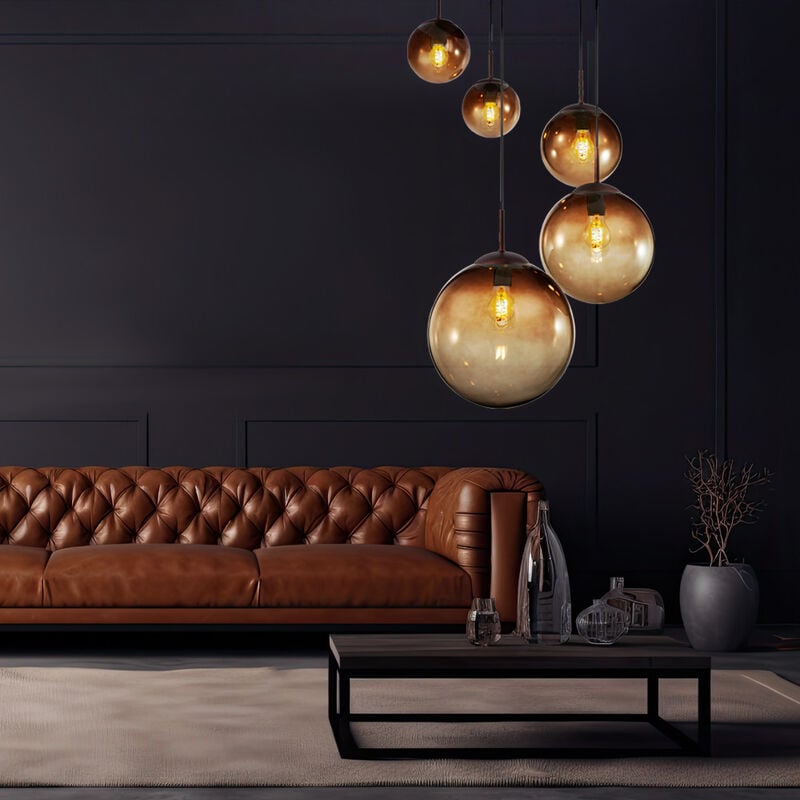 Globo - Suspension avec abat-jour en verre de couleur ambre, suspension rétro à 5 flammes, 5x E27, hauteur 150 cm, boules de différentes tailles