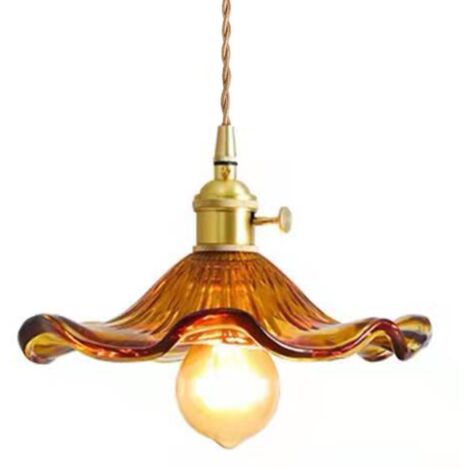 Suspension avec abat-jour en verre en forme de feuille de lotus, style industriel vintage E27, lampe suspendue de plafond, ferme, salle à manger, îlot de cuisine, lustre (Ambre)