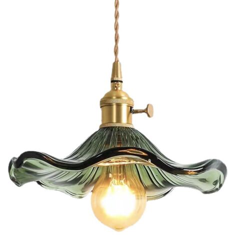 Suspension avec abat-jour en verre en forme de feuille de lotus, style industriel vintage E27, lampe suspendue de plafond, ferme, salle à manger, îlot de cuisine, lustre (Vert)