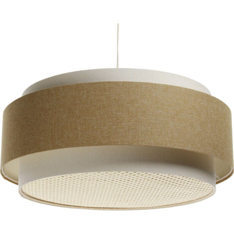 Suspension boho chic tissu et rotin lumière douce ajustable - Beige crème et rotin naturel