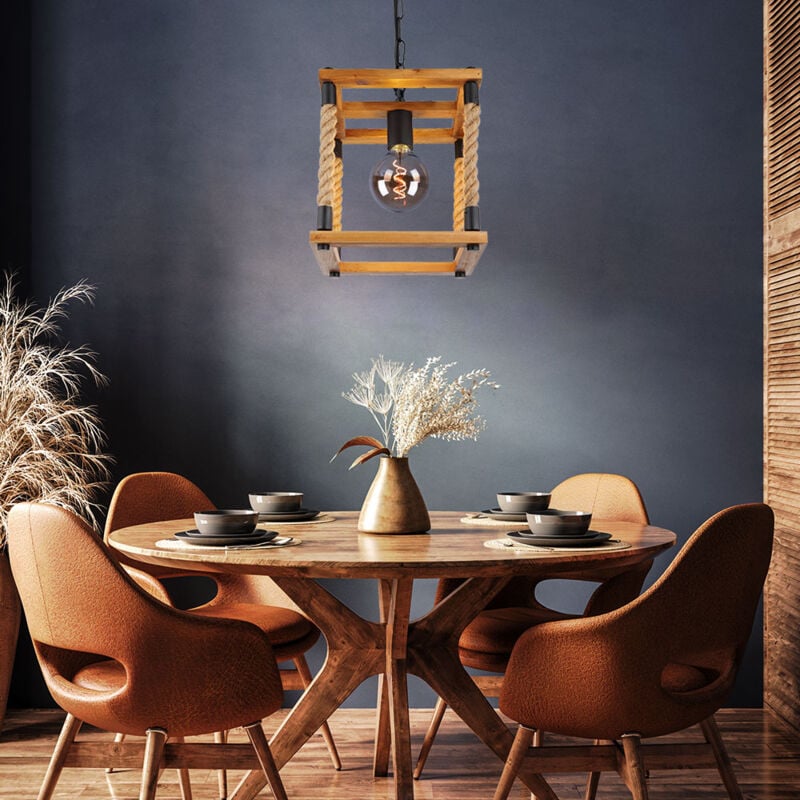 Suspension bois lampe de salle à manger corde de chanvre suspension cadre en bois, métal noir couleur naturelle, 1x E27, LxPxH 25x25x120 cm