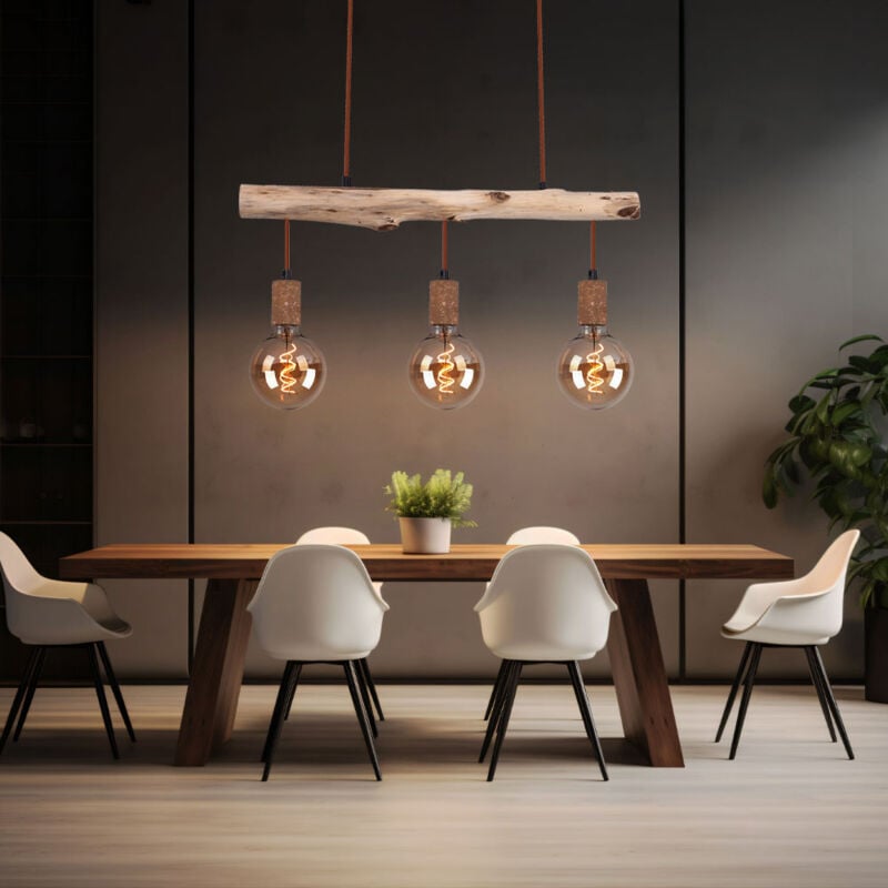 Suspension bois lampe de table à manger cuisine suspension rétro plafonnier vintage suspension 3 flammes, métal bois couleur rouille, 3x E27, LxlxH