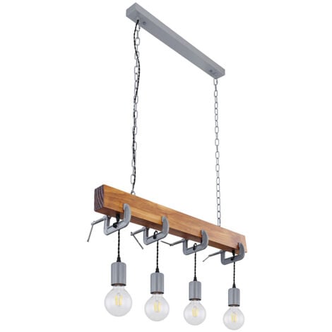 Suspension bois lampe de table à manger cuisine suspension rétro plafonnier vintage suspension 4 flammes, pince à vis métal galvanisé, E27, LxH 85x 120 cm