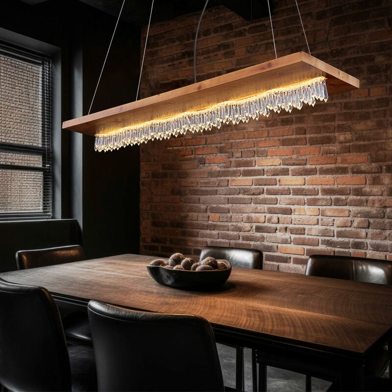 Suspension bois maison de campagne led suspension table à manger Lampe en bois avec rideaux en cristal, métal noir plastique, 1x led 25 watts 1546