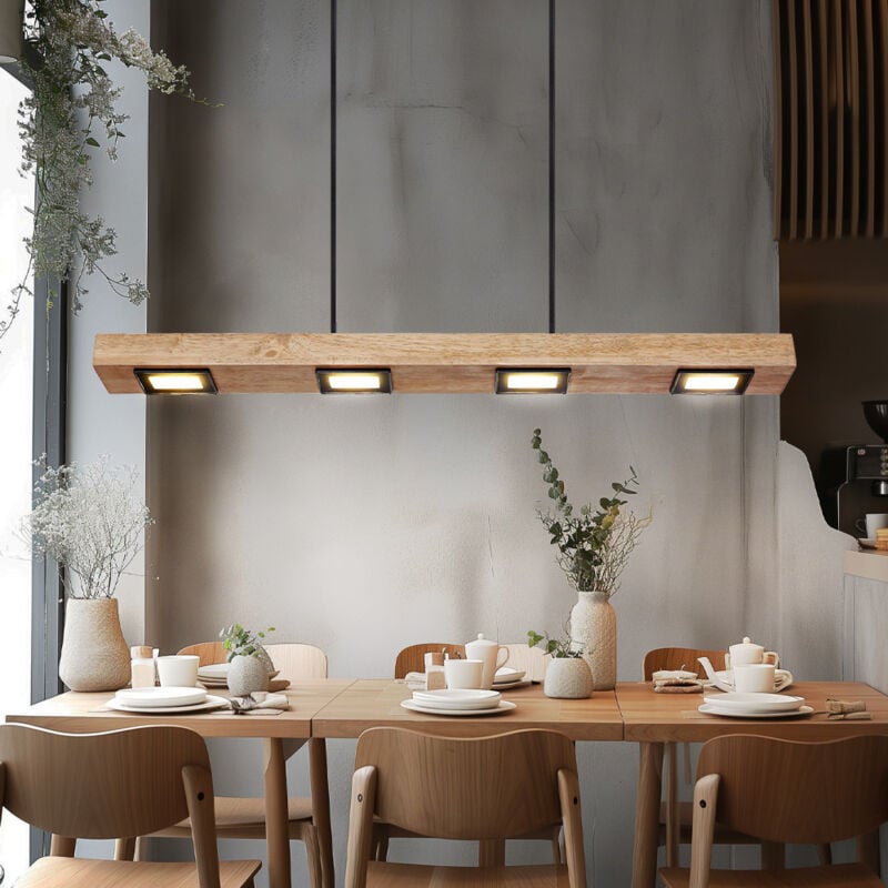 Suspension bois rustique led suspension table à manger lampe en bois 6 flammes, rétro-éclairage, noir brun foncé, 5W 390Lm blanc chaud, LxPxH