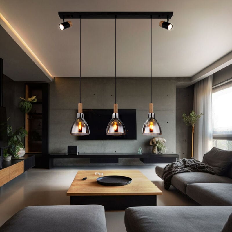 Globo - Suspension, noir, moderne, lampe de table à manger, 5 spots de flamme, pivotant, aspect bois, verre métal, fumé, douille GU10/E27, LxlxH