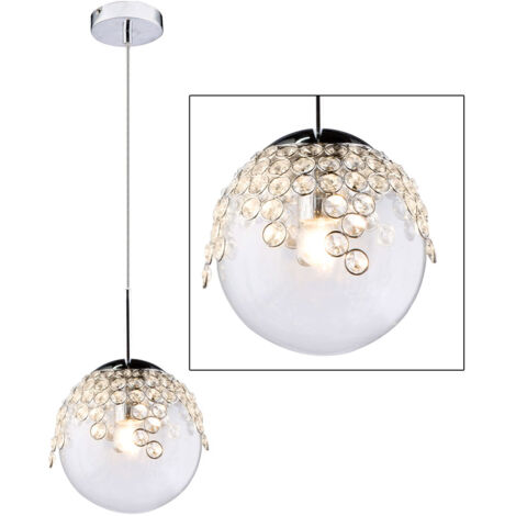 Suspension boule à gaz, éclairage intérieur, transparent, métal, chrome, cristaux K, 1 douille E27, PxH 20x150 cm
