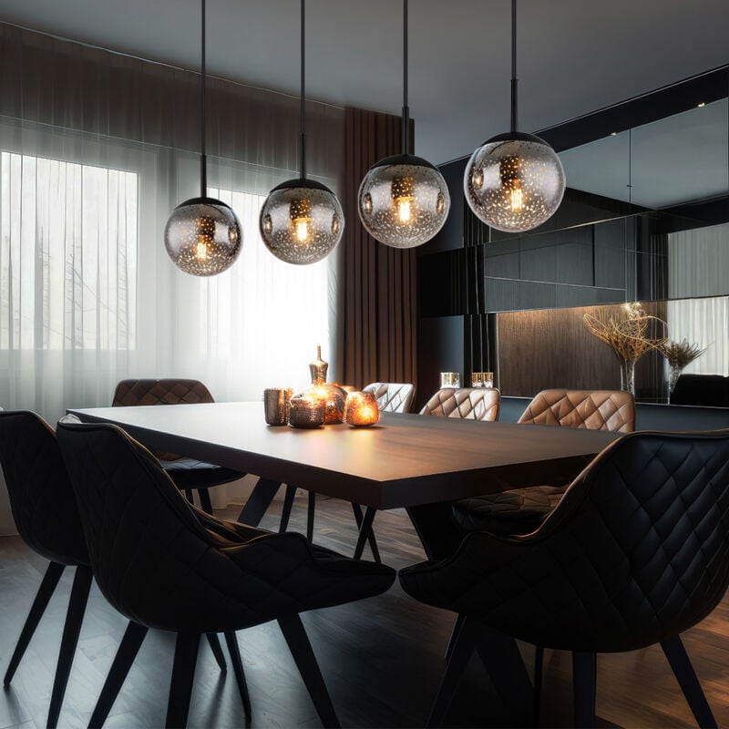 Suspension boule noire suspension table à manger verre fumé suspension rétro verre, effet étoile, 4x douille E27, LxPxH 90x15x120 cm