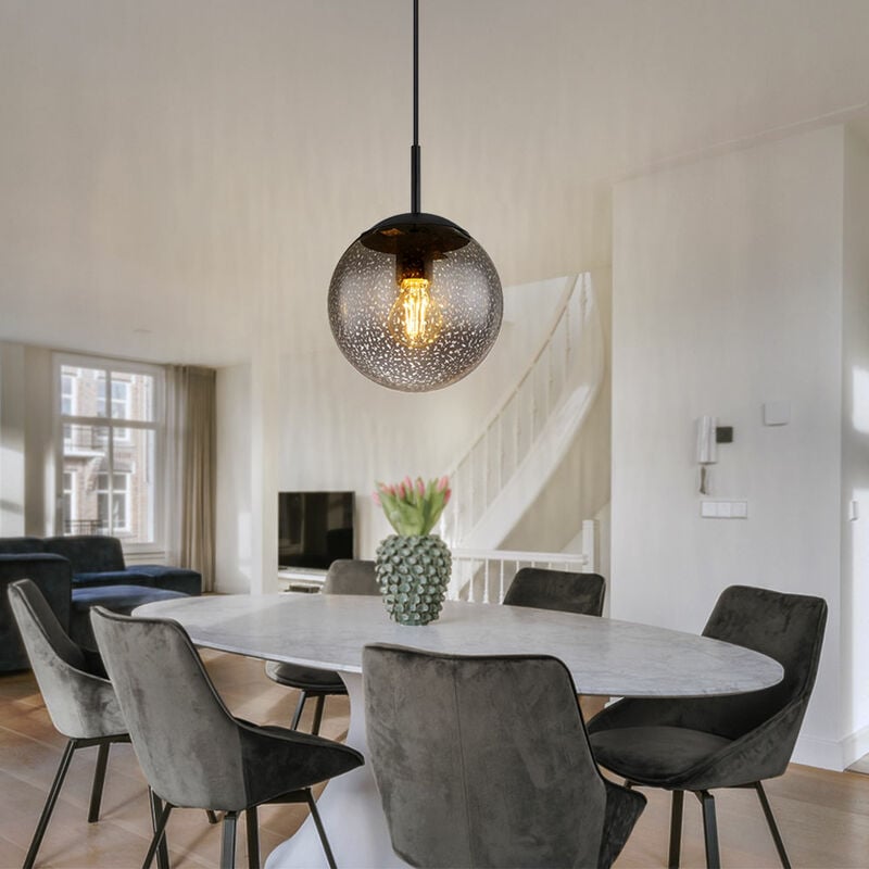 Suspension boule noire suspension table à manger verre fumé suspension verre rétro, réglable en hauteur, effet étoile, 1x douille E27, DxH 20x120 cm
