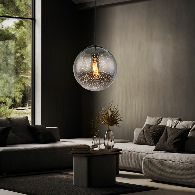 Suspension boule noire suspension table à manger verre fumé suspension verre rétro, réglable en hauteur, effet étoile, 1x douille E27, DxH 25x120 cm