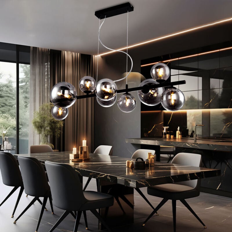 Suspension boule verre suspension table à manger noir salon lampe suspension moderne, verre fumé, 9x led 3,5W 350lm blanc chaud, LxH 86x120 cm
