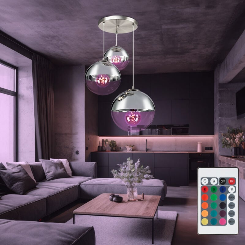 Globo Lighting - Suspension boules de verre suspension lampe boule lampe de salle à manger suspendue, chrome clair, télécommande dimmable, 3x led rgb