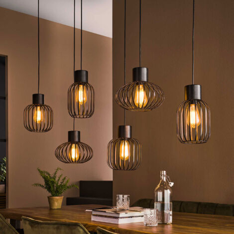 Suspension cage 6 lampes 145x28x150 cm en métal gris foncé