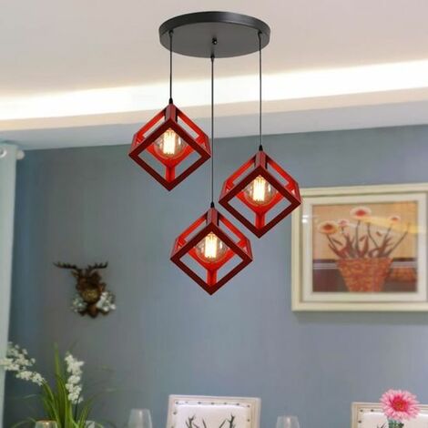 Suspension Cage Cube avec disque 3 Luminaire Contemporain, Lustre abat-jour Carré Salon Salle à Manger E27 Rouge