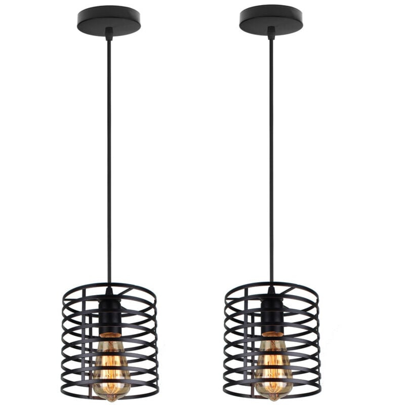 Wottes - Lustre Suspension Industrielle Vintage E27 Lustre Plafonnier Cage Métal pour Restaurant Salon Chambre Noir Ø16CM - 2Pcs