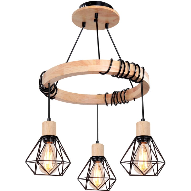 Lustre Suspension avec Cage en Métal - Style Rétro - 3 Tête - Lustre Corde Ajustable - Noir