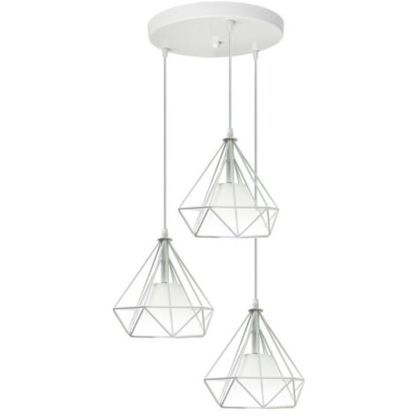Suspension Cage Forme Diamant Contemporain 20cm Corde Ajustable Luminaire Lustre en Fer Blanc E27 Salle à Manger,Bar,Chambre
