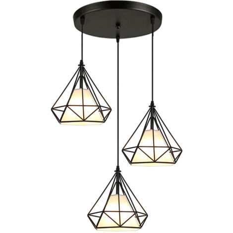 Suspension Cage Forme Diamant Contemporain 20cm Corde Ajustable Luminaire Lustre en Fer Noir E27 Salle à Manger,Bar,Chambre