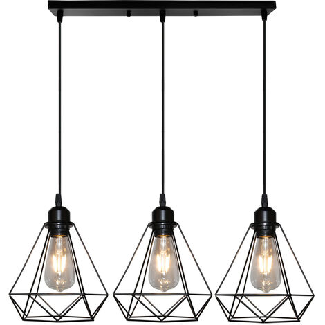 Suspension Cage forme Diamant Contemporain Lampe Plafonnier Corde Ajustable Luminaire Lustre pour Cuisine Couloir Noir