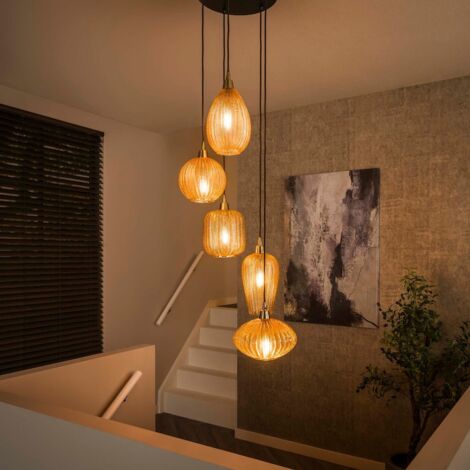 Suspension chic en verre ambré et doré 5 lampes ERNA