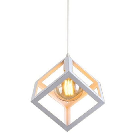 STOEX Suspension Contemporain forme Cube Carré, E27 Lustre Abat-Jour Industrielle Métal Fer pour Salon Salle à Manger Restaurant Bar, Blanc