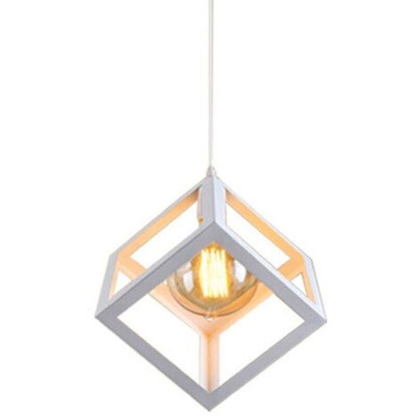 Suspension Contemporain forme Cube Carré, E27 Lustre Abat-Jour Industrielle Métal Fer pour Salon Salle à Manger Restaurant Bar, Blanc