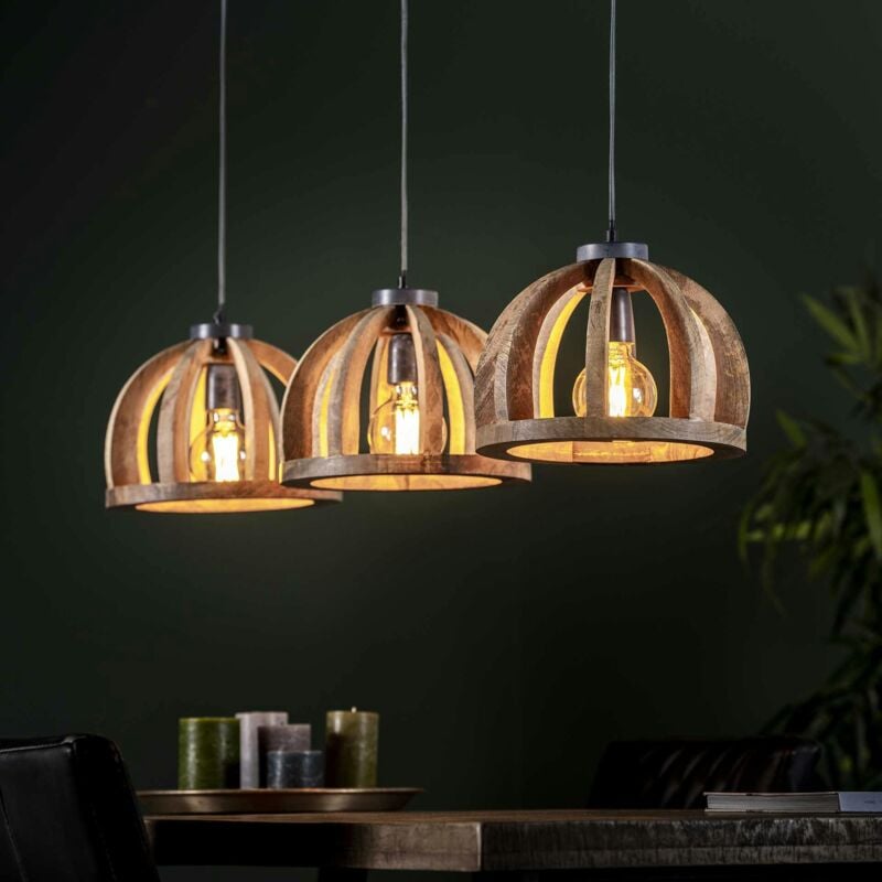 Pier Import - Suspension contemporaine 3 lampes ajourées bois de manguier lucknow