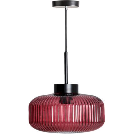 Suspension contemporaine en cristal bordeaux finition nervurée - Bordeaux cristal et fer noir