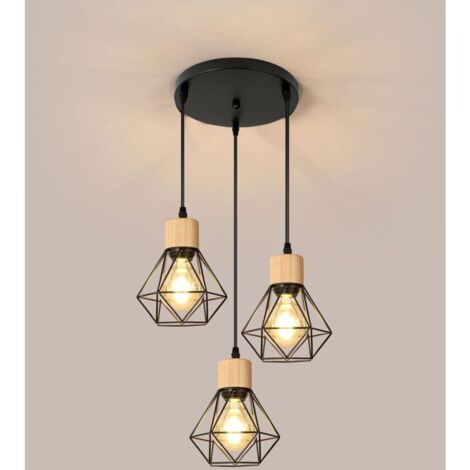 Suspension Cuisine Industrielle Lustre Noir en Fer avec Abat-Jour Cage Luminaire Plafonnier E27 Réglable en Hauteur Diamètre 16 cm 3 Lumières(Ampoule Non Incluse)