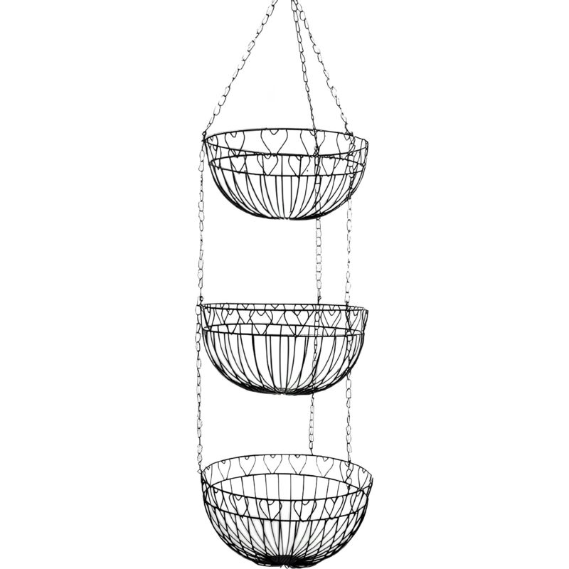 Suspension de 3 paniers métal noir déco lignes et coeurs et chaîne métallique 25x96cm