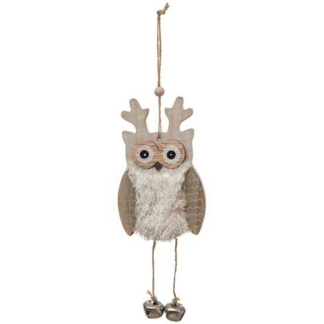 Suspension de noël bois hibou fourrure grelot - Feeric lights & christmas