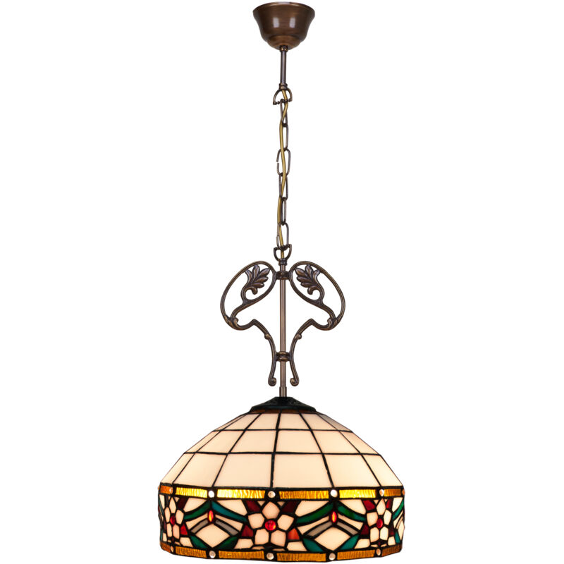 Fijalo - Lampe à suspension de plafond avec chaîne et ornement en fonte avec abat-jour Tiffany diamètre 40 cm Série Museum