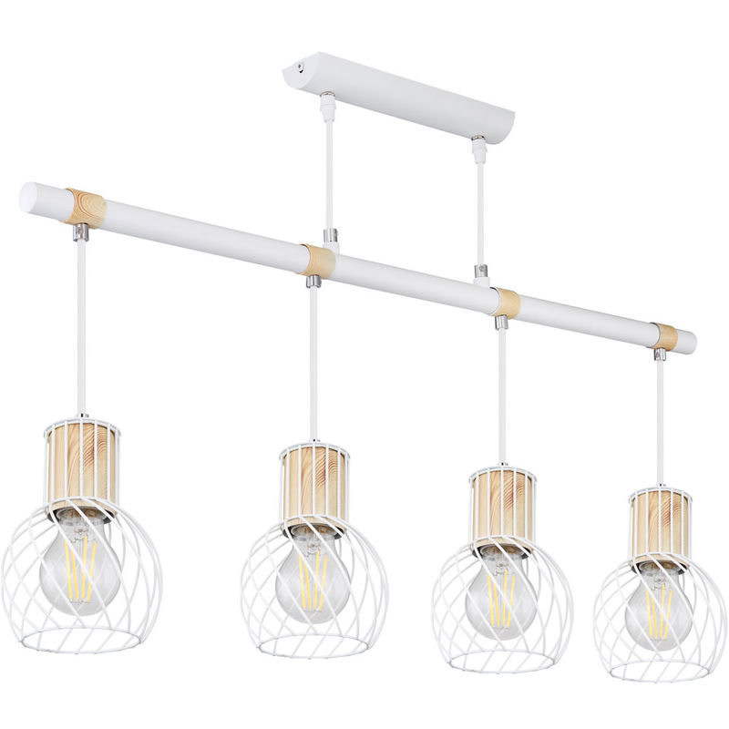 Lampe suspension poutre en bois suspension lampe de salle à manger aspect bois rétro avec quatre boules en cage, blanc, 4x E27, L xx H 87x12x120 cm