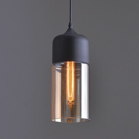Suspension Design Cylindre Allongé Style Retro Vintage Contemporain , Lustre Abat-jour en Verre Corde ajustable Luminaire Salle à manger Chambre à Coucher Salon Bar,fumé