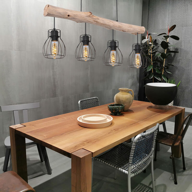 Suspension design en bois avec abat-jour en grille Suspension avec poutres en bois 4 flammes, métal noir bois naturel, 4x E27 max 40 watt, LxPxH